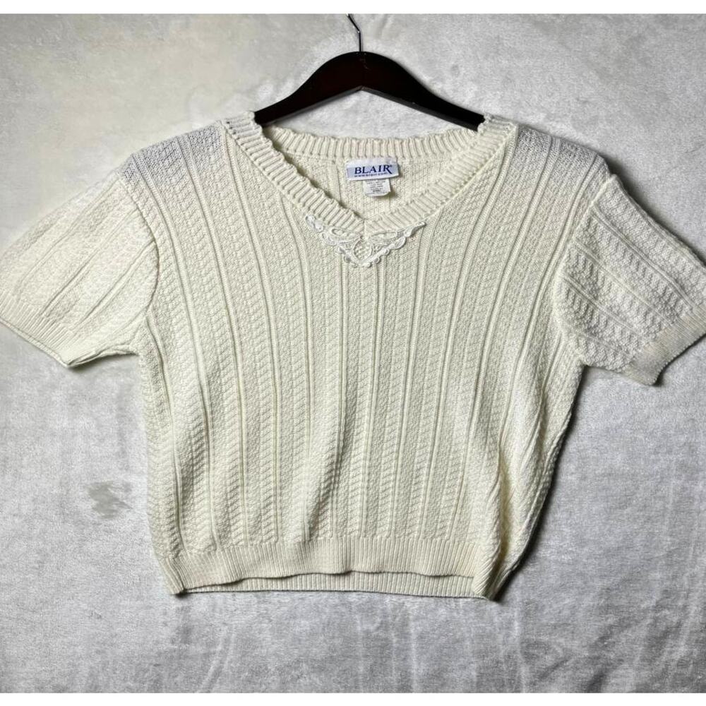 Grandma Chic Short Sleeve Sweater Women's S Ivory Crochet Knit Top Made in USA